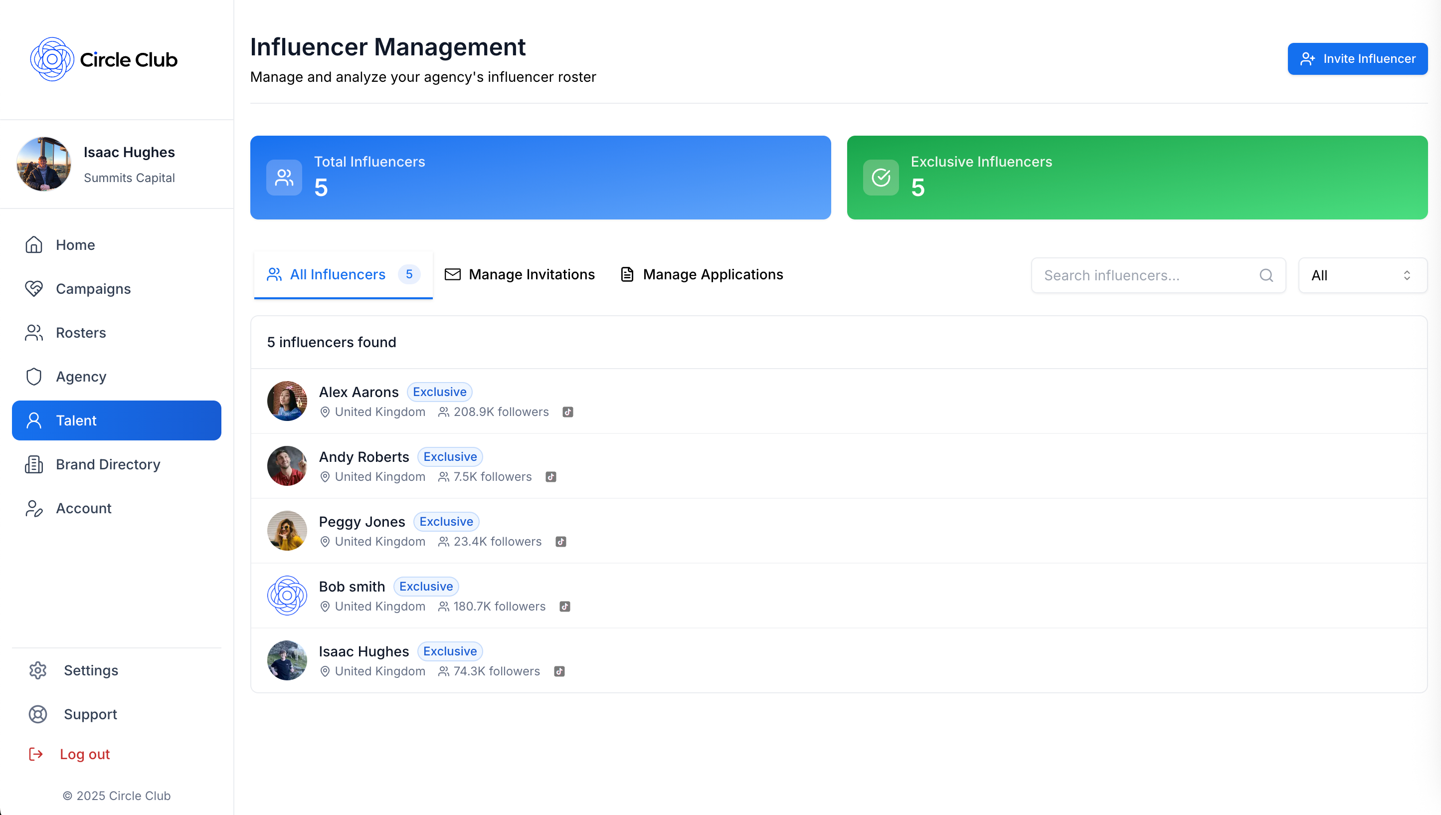 Circle Club Influencer Management Dashboard